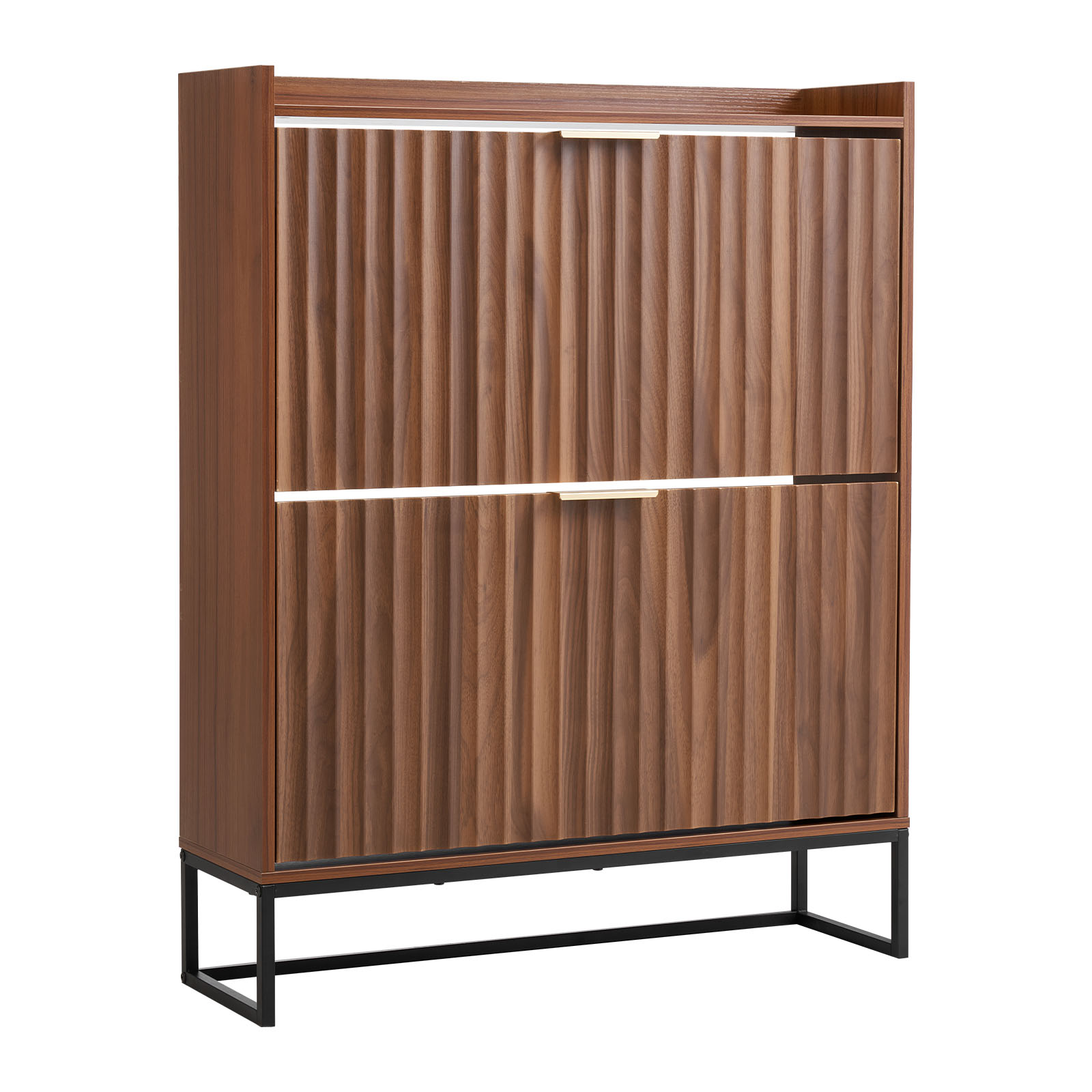 Shoe Cabinet With Flip Drawers Freestanding Fluted Walnut Wood_voghion.com